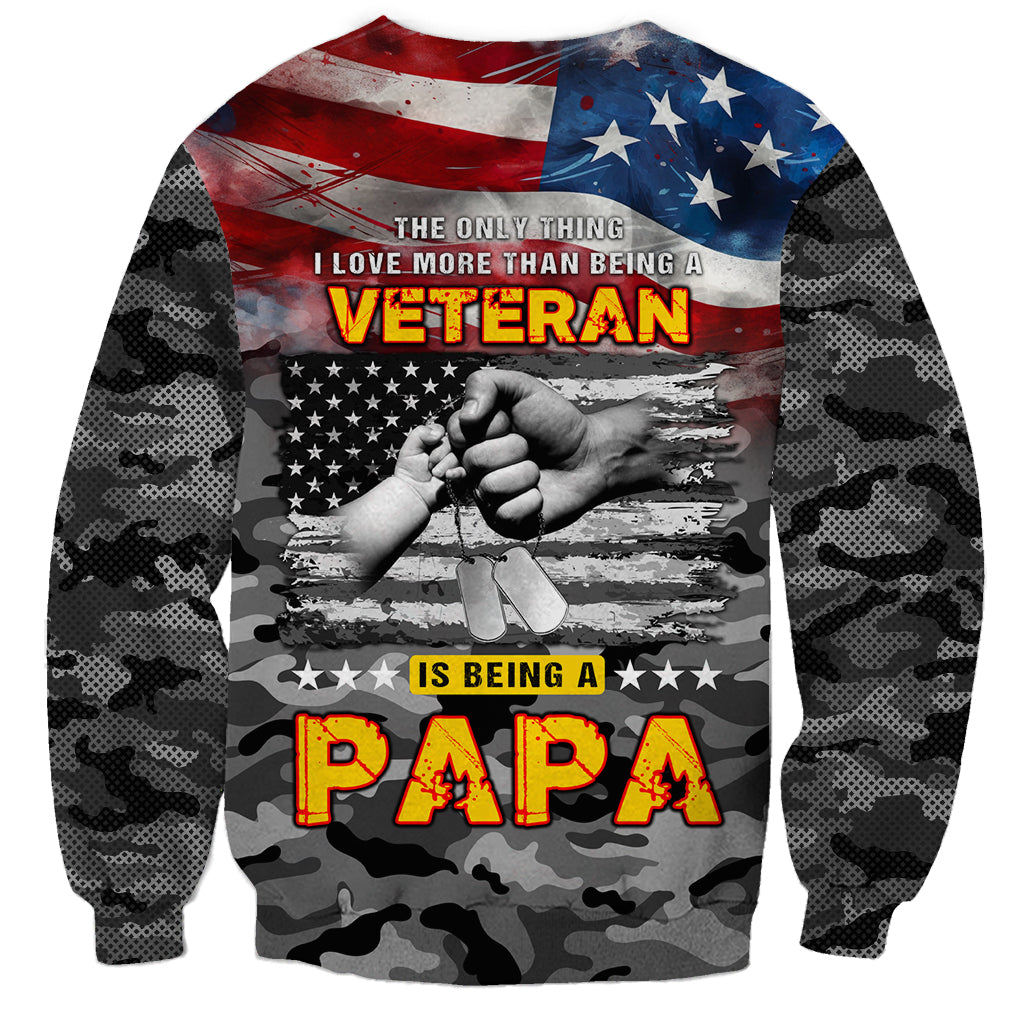 Black camo unisex sweatshirt with American flag 'VETERAN' graphic and patriotic text