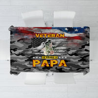 Black camouflage tablecloth with American flag-style veteran graphic and text center