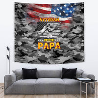 Camouflage veteran Papa wall tapestry with American flag, stars, and patriotic text