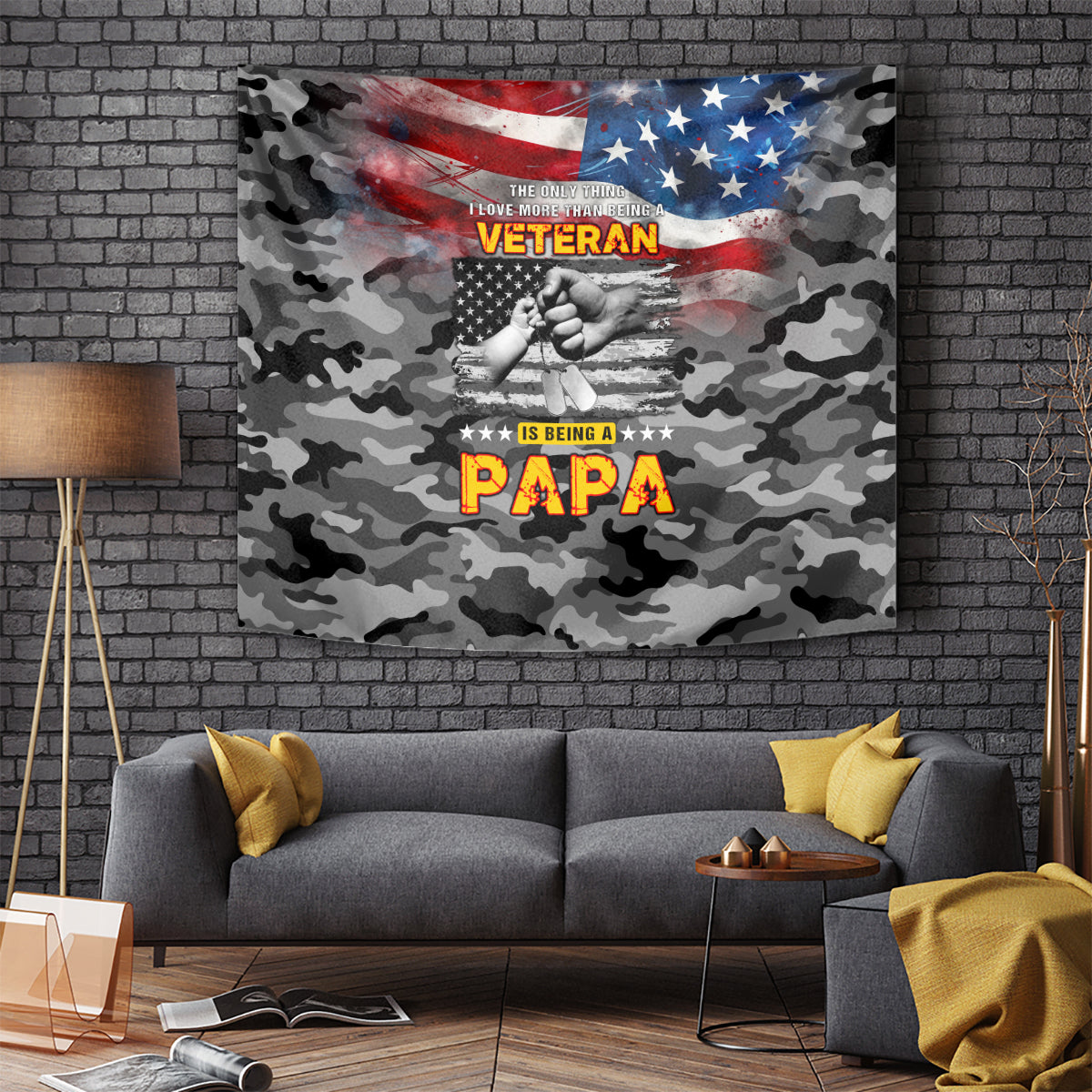 Camouflage veteran Papa wall tapestry featuring American flag and clasped hands graphic