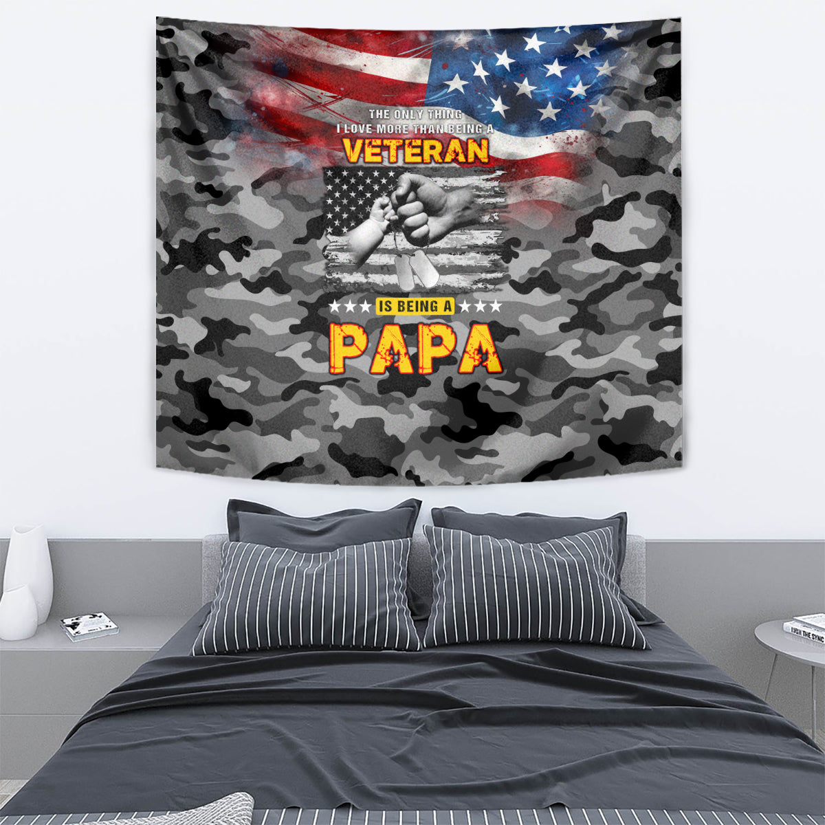 Camouflage veteran Papa wall tapestry with American flag, stars, and bold 'PAPA' text