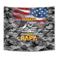Camouflage veteran Papa wall tapestry, American flag overlay with stars and text