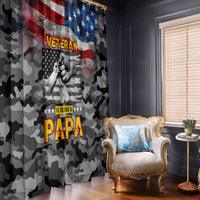 Black camouflage American flag veteran window curtain with distressed photo graphic and star accents.