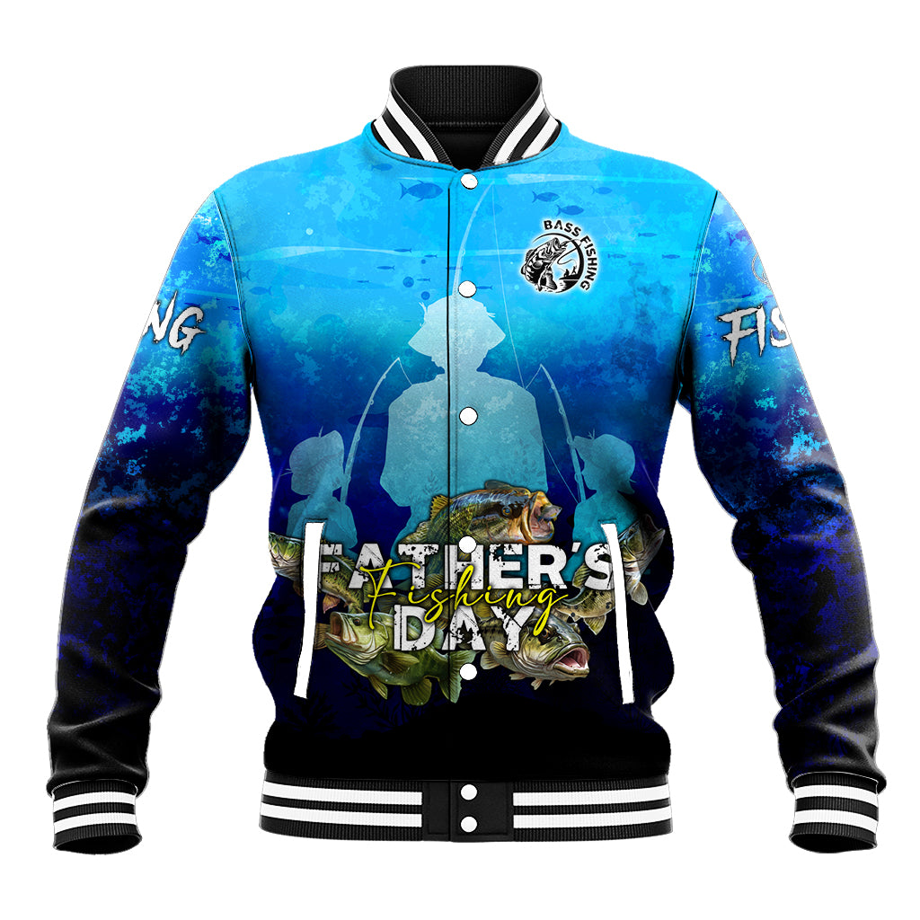 Blue bass fishing varsity jacket, zip front with white buttons, front emblem and fisherman print