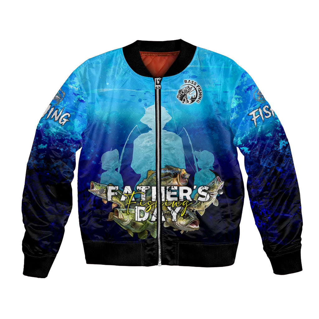Blue bomber jacket with front zipper and bass fishing graphic, ribbed cuffs