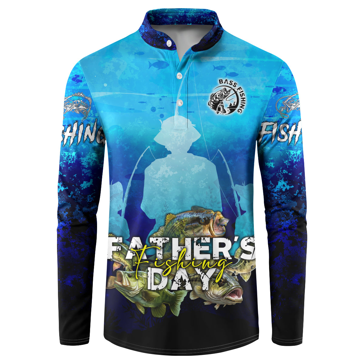 Blue bass fishing button sweatshirt with fish graphic and 'FATHER'S Fishing Day' text.
