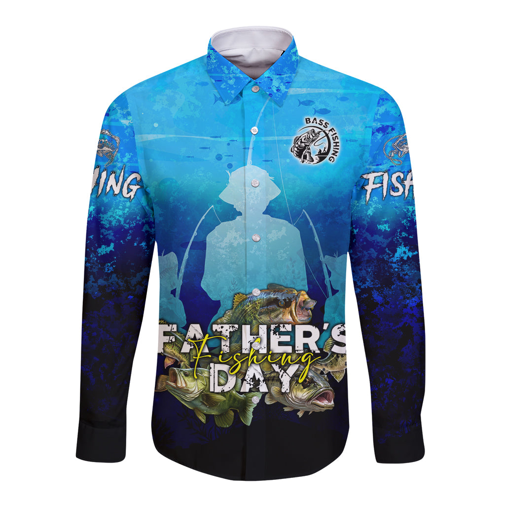 Blue long-sleeve button fishing shirt with bass graphic and Father’s Fishing text