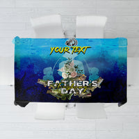 Blue fishing-themed tablecloth with Father's Day text and placeholder YOUR TEXT
