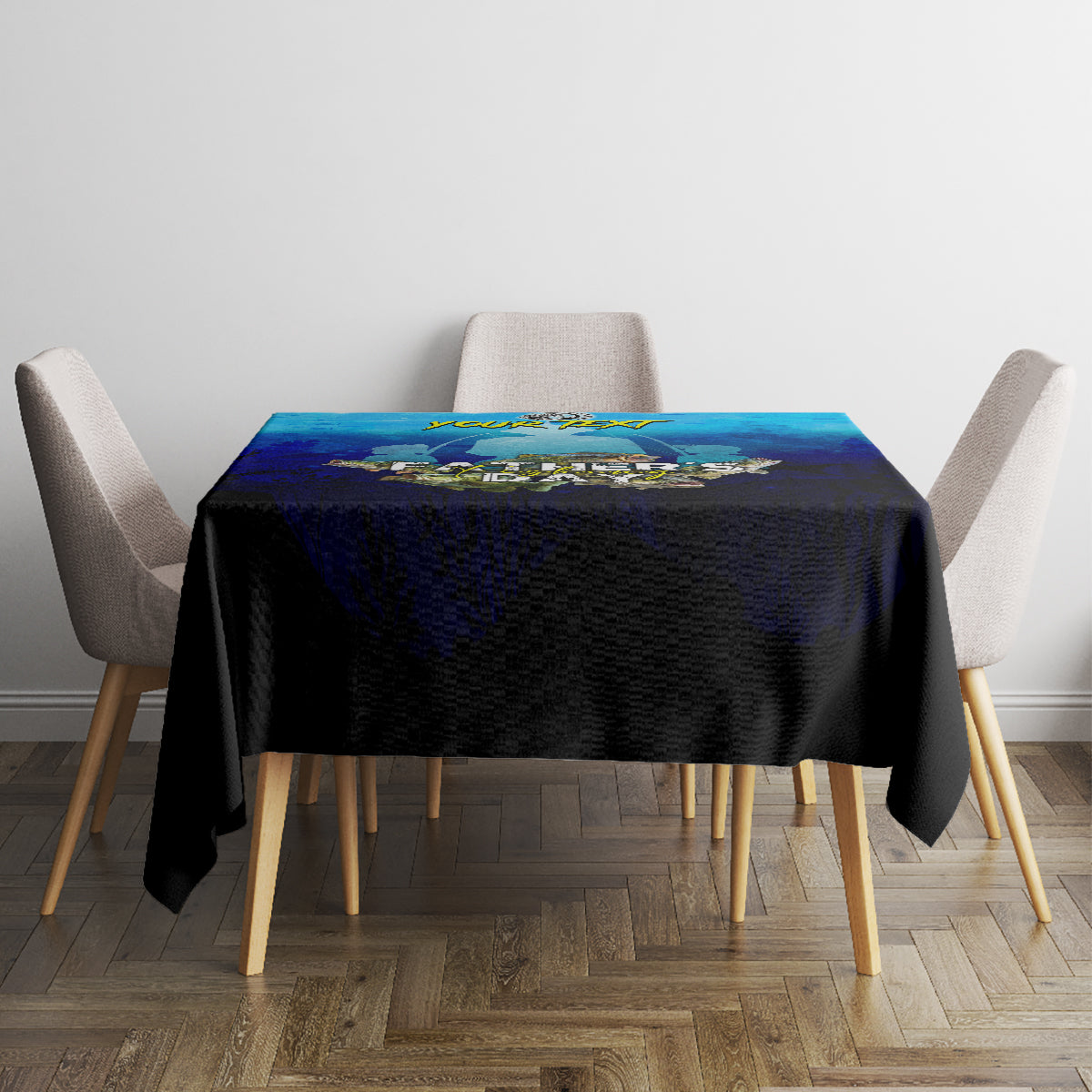 Square dining table with blue fishing tablecloth and fish-themed artwork