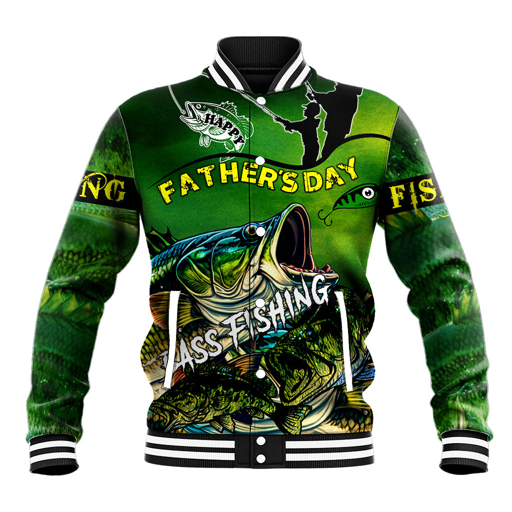Unisex green bass fishing varsity jacket with ribbed collar and cuffs, Father's Day graphic