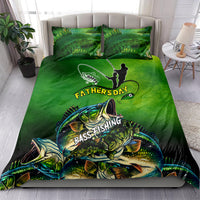 Green bass fishing bedding set with two pillows, large bass fish and Father's Day logo