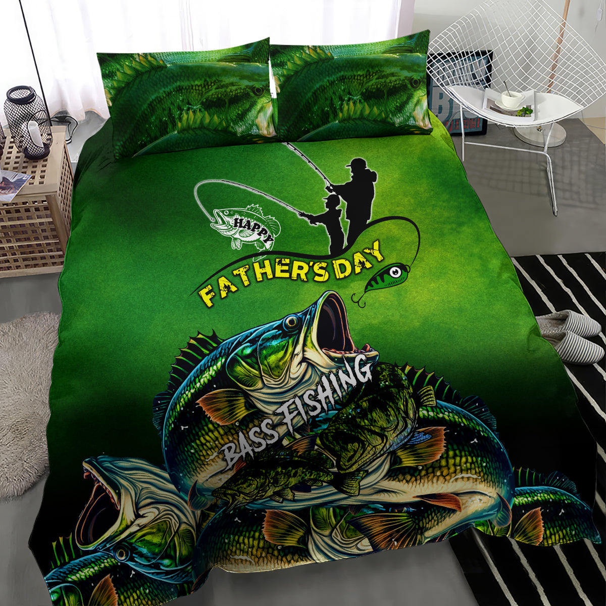Green bass fishing bedding set with two pillows, fisherman silhouette and bass graphic