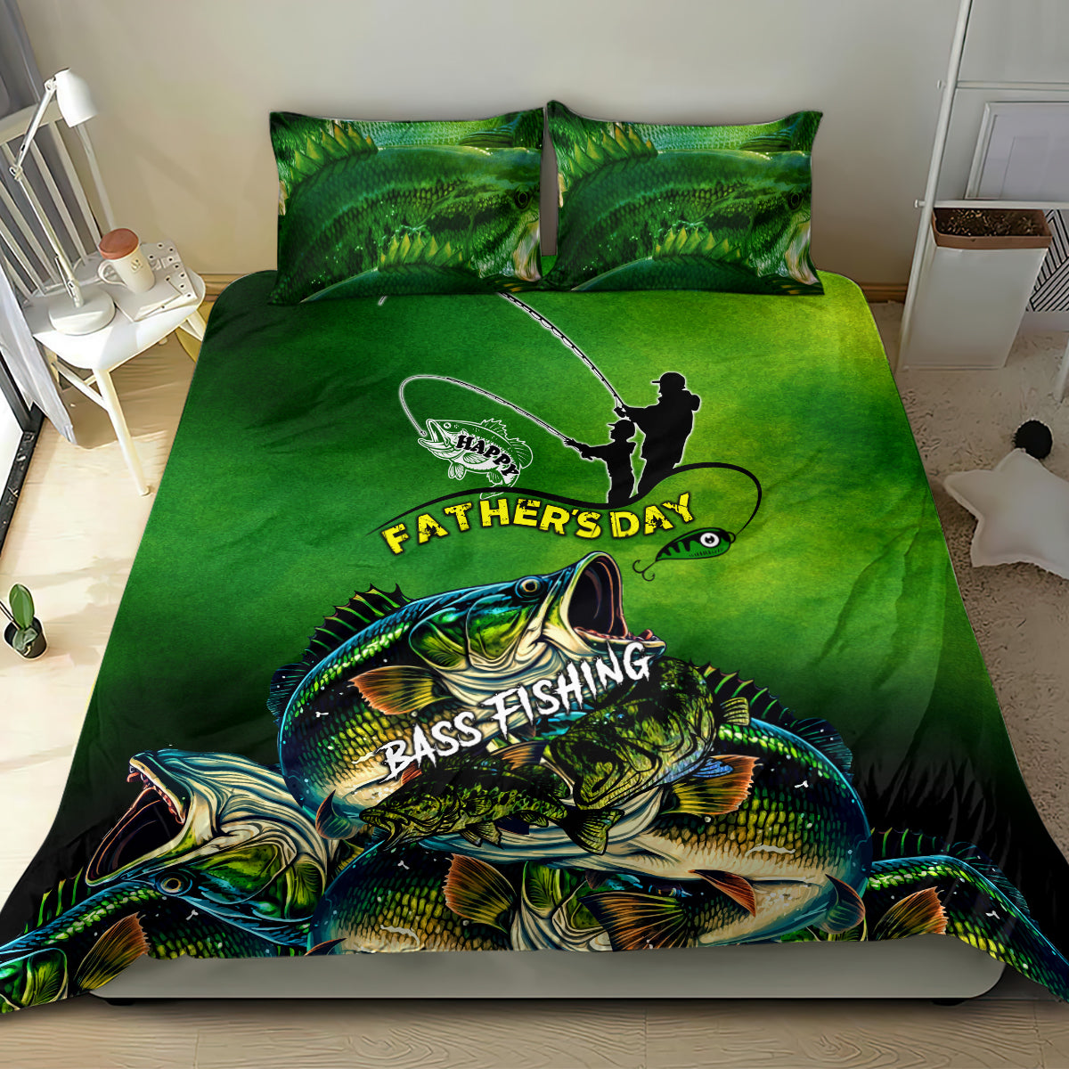 Green bass fishing bedding set with two pillows, fisherman text 'Father's Day' and bass