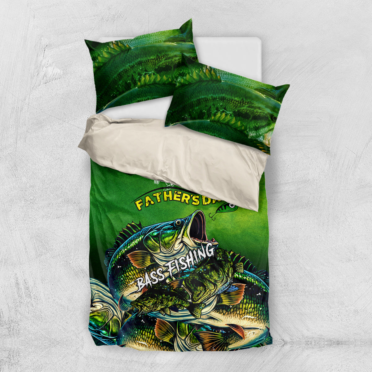 Green bass fishing bedding set with two pillows, Father's Day text and fish graphic