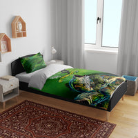 Green bass fishing bedding set on bed with two pillows, bass fish and Father's Day text