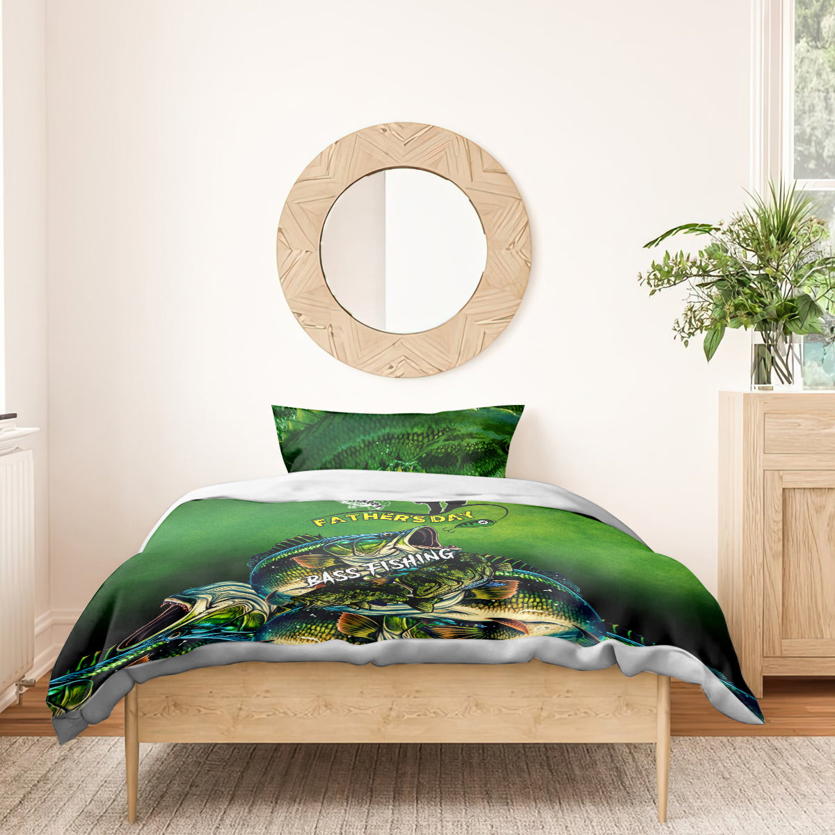 Green bass fishing bedding set with two pillows, large bass artwork and Father's Day text
