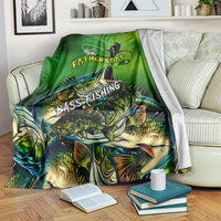 Green bass fishing Father's Day blanket with fisherman silhouette and large bass print