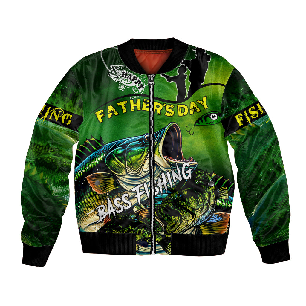 Green bomber jacket with full-zip front and colorful bass fishing graphic on chest