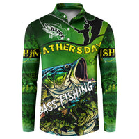 Green bass fishing button sweatshirt with collar, bass artwork and “Happy Father’s Day” text