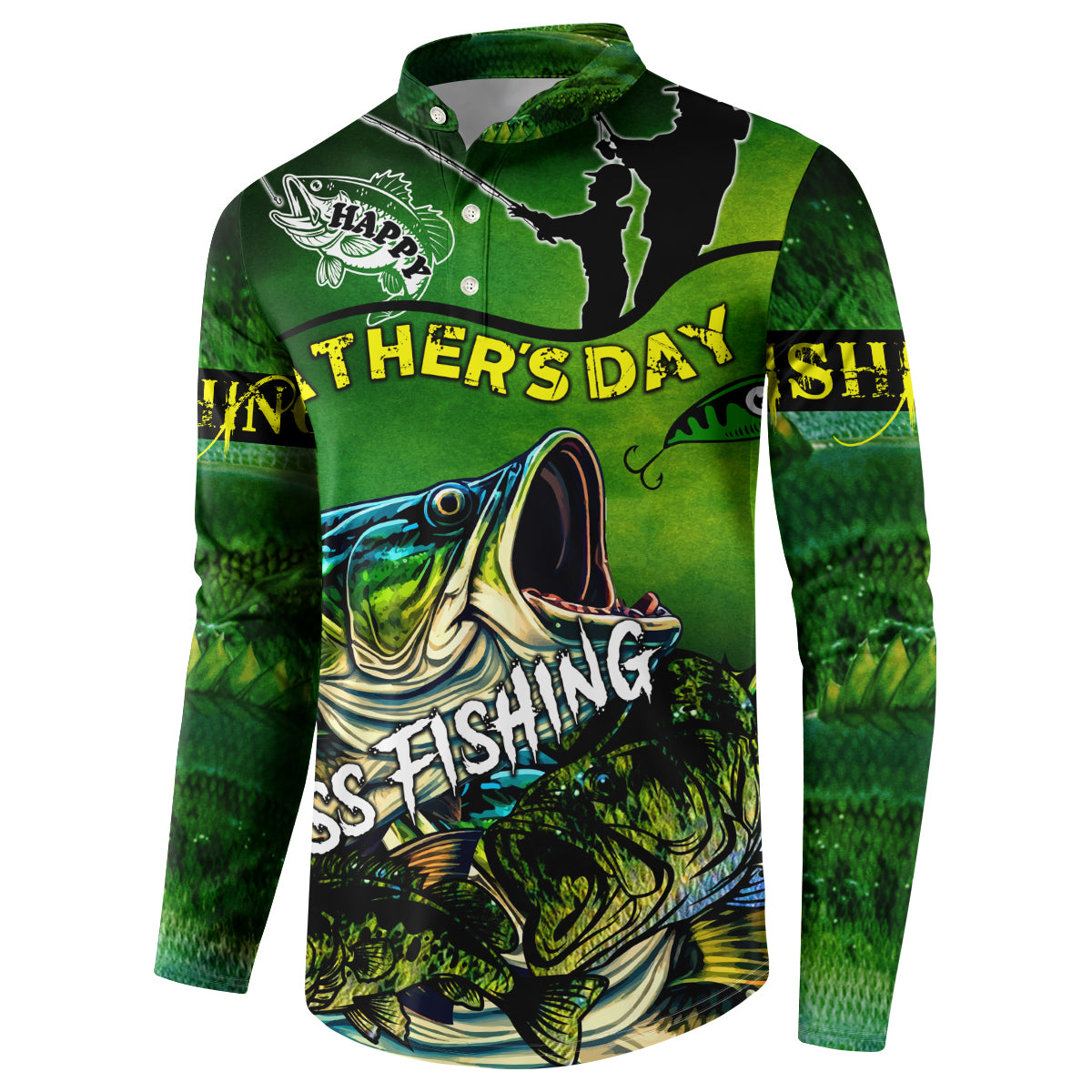 Green bass fishing button sweatshirt, front graphic of bass with “Happy Father’s Day” lettering
