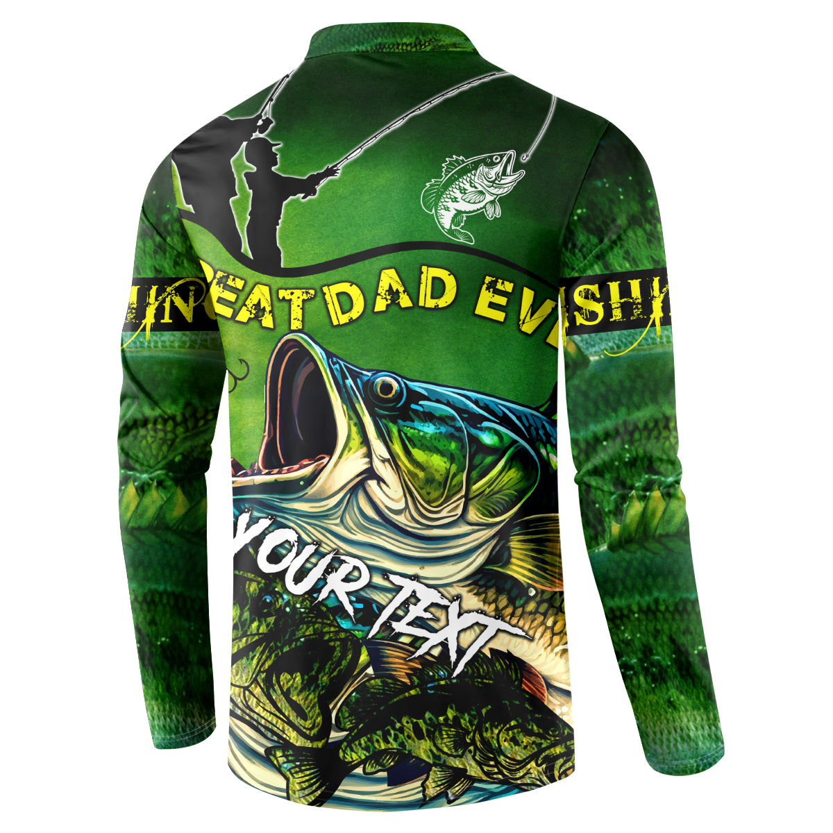 Green bass fishing button sweatshirt, back view with bass artwork and Father’s Day lettering