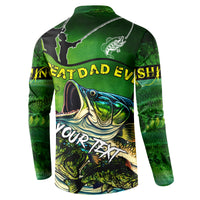 Green bass fishing button sweatshirt, back view with bass artwork and Father’s Day lettering