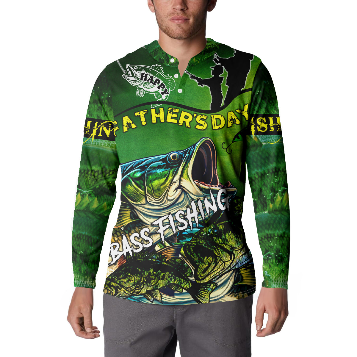 Green bass fishing button sweatshirt on model, collar and front bass graphic with Father’s Day text