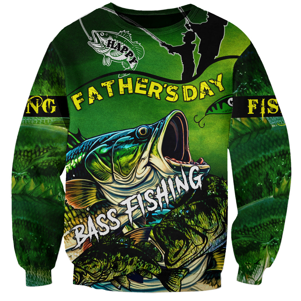 Green unisex bass fishing sweatshirt with bass graphic and 'Happy Father's Day' text
