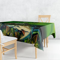 Green bass fishing tablecloth corner with detailed bass and scales print