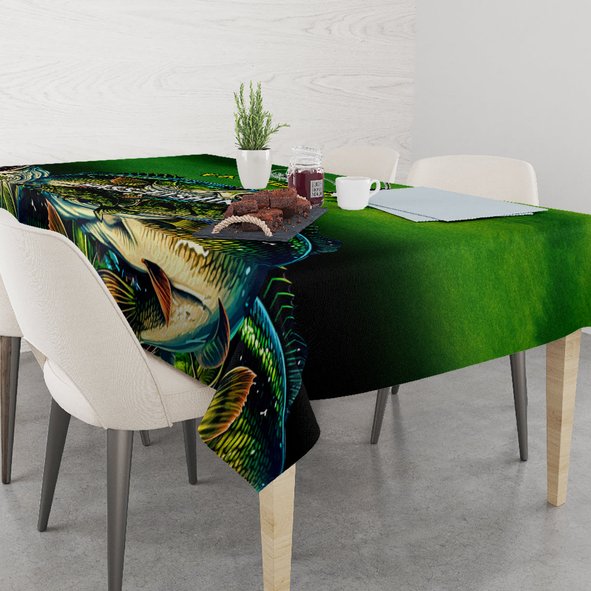 Green bass fishing tablecloth with colorful fish print over a dining table