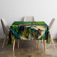 Green bass fishing tablecloth with vibrant bass illustration on a dining table