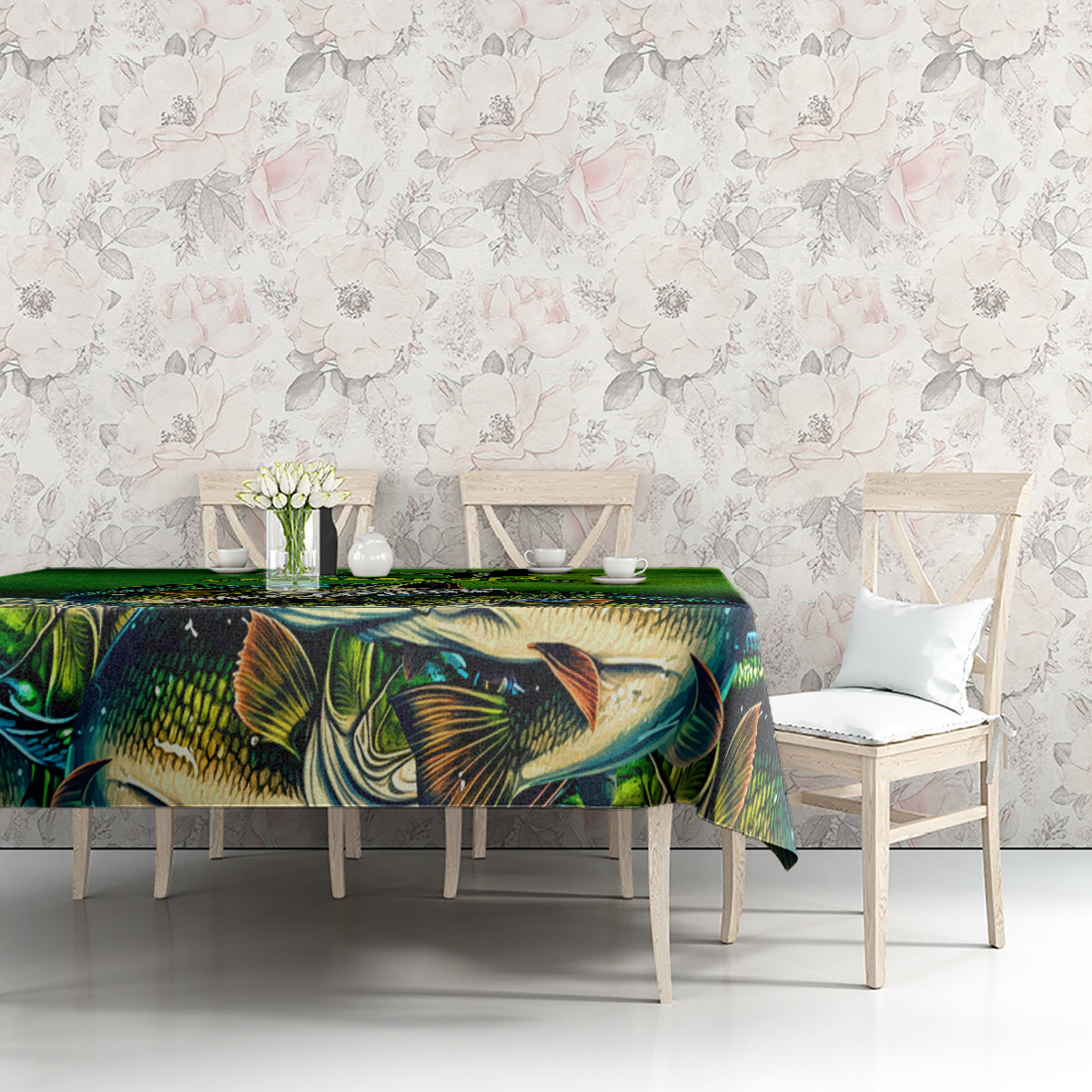 Green bass fishing tablecloth with large fish artwork and decorative leaf accents