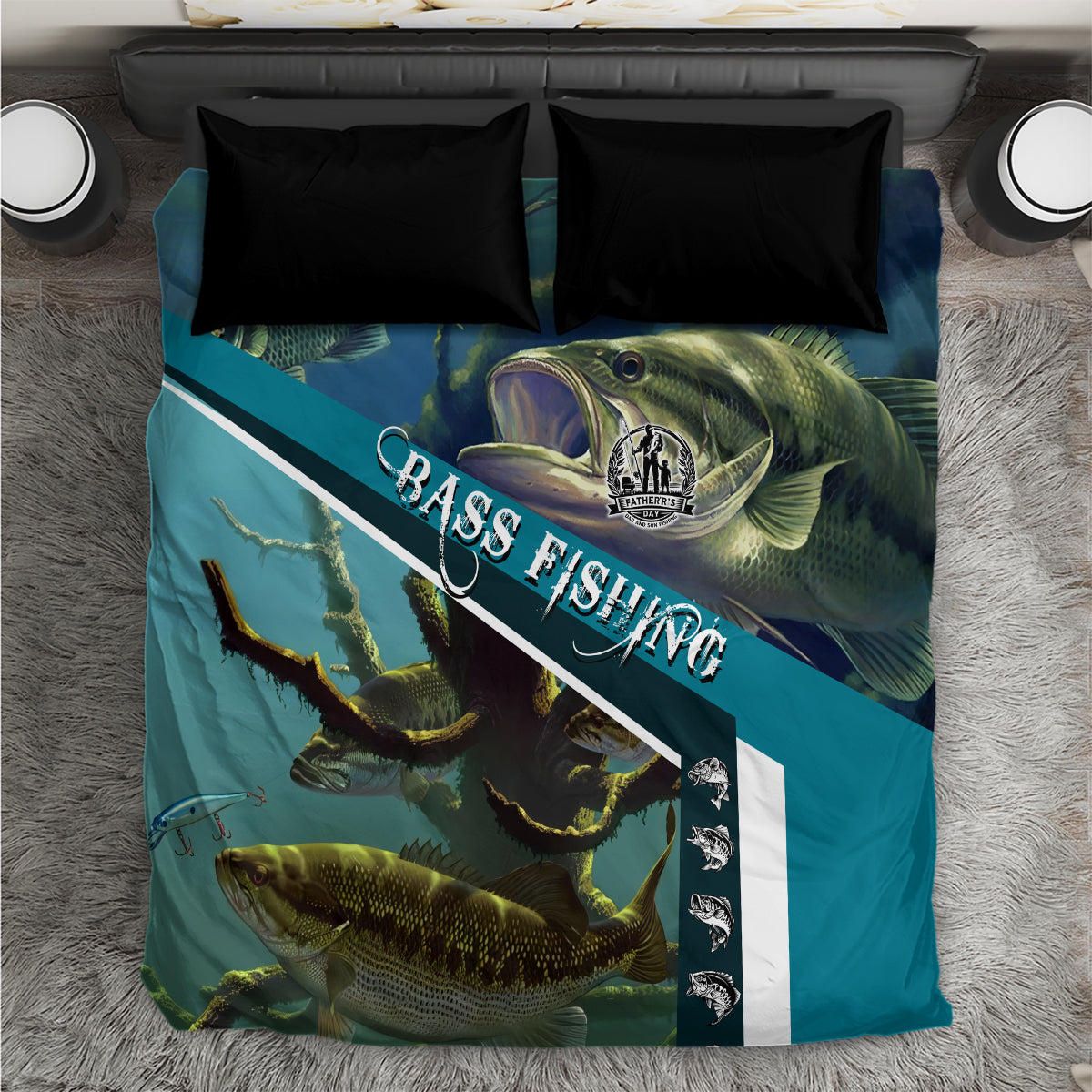 Blue bass fishing duvet cover with two black pillowcases, marine fish graphic and text stripe.