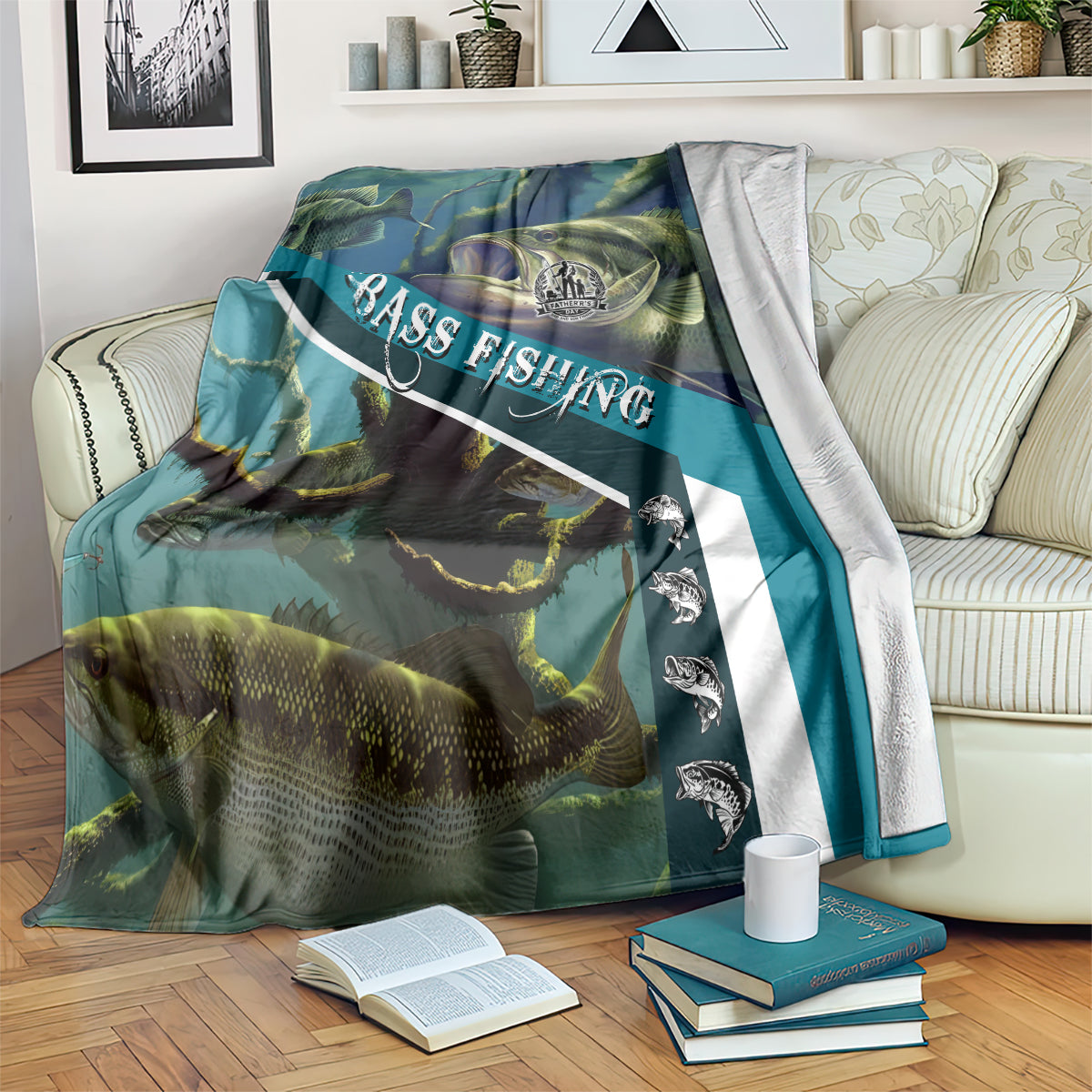 Blue bass fishing blanket on couch, featuring large fish and 'BASS FISHING' print