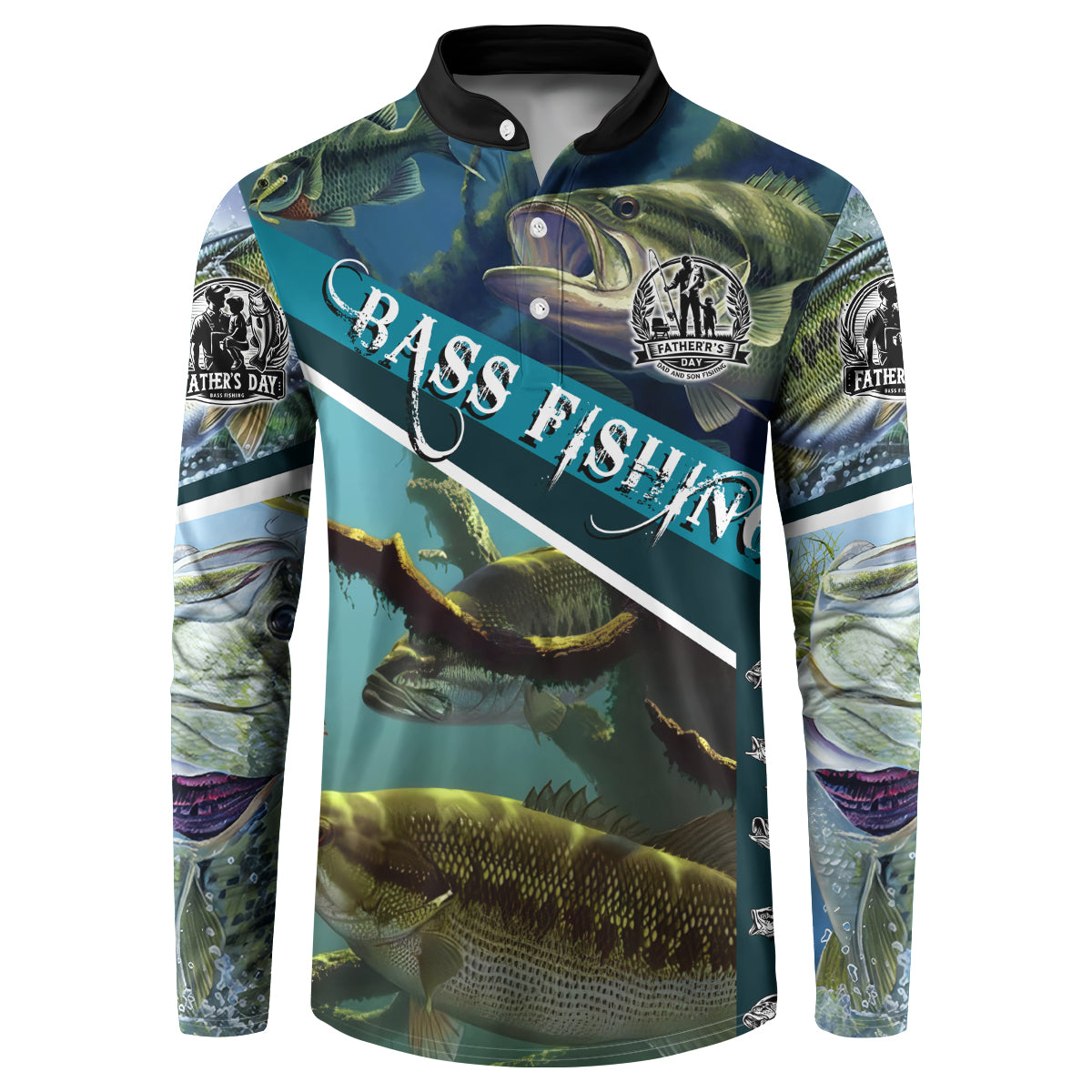 Long-sleeve button-collar bass fishing graphic sweatshirt in teal and green.