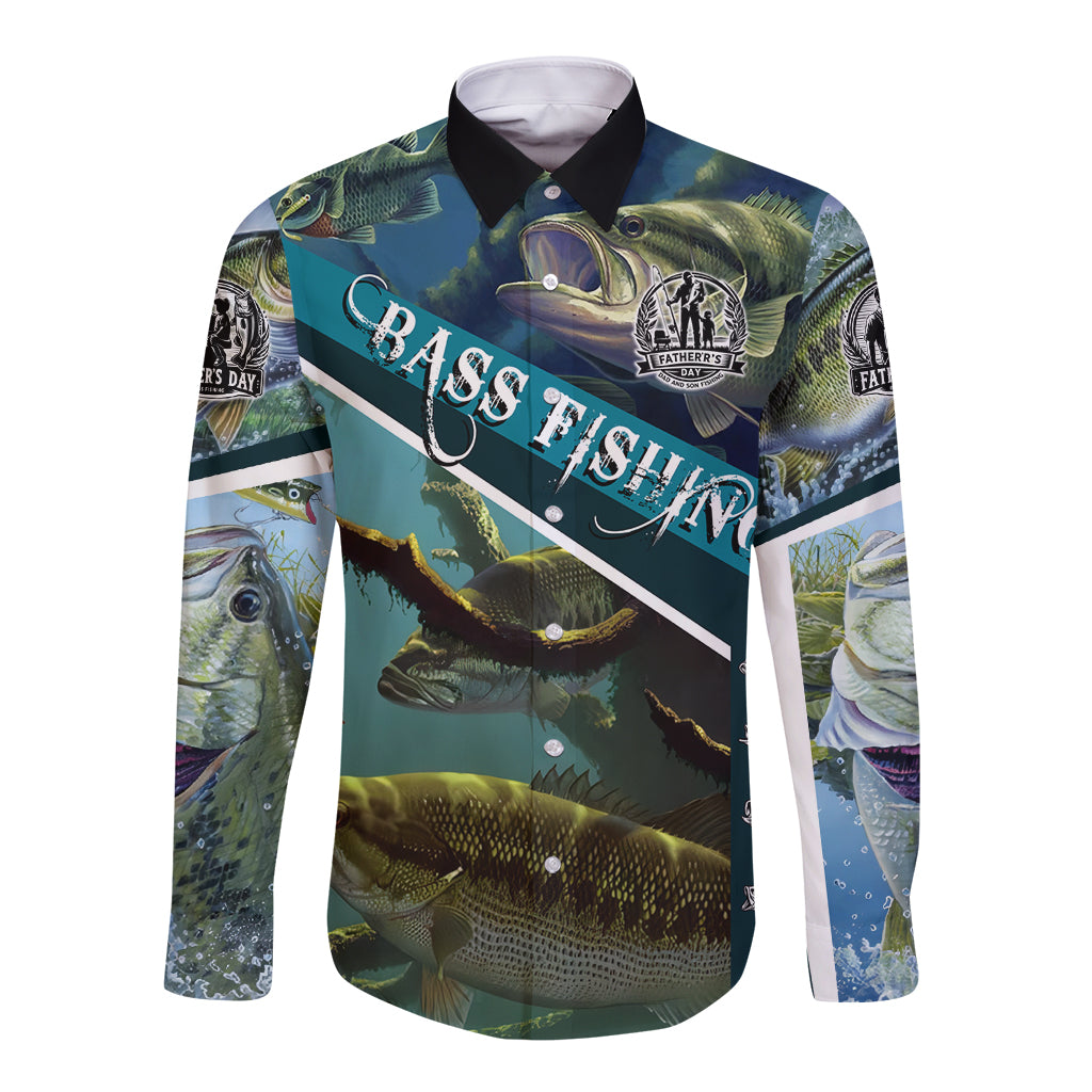 Unisex long-sleeve button shirt, blue-green with bass fishing graphic and teal text front