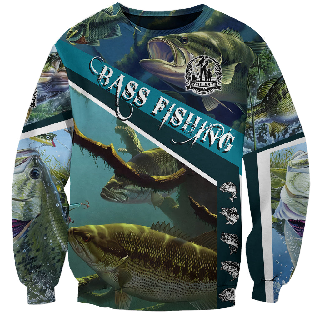 Unisex bass fishing sweatshirt with large teal blue graphic, crewneck, long sleeves