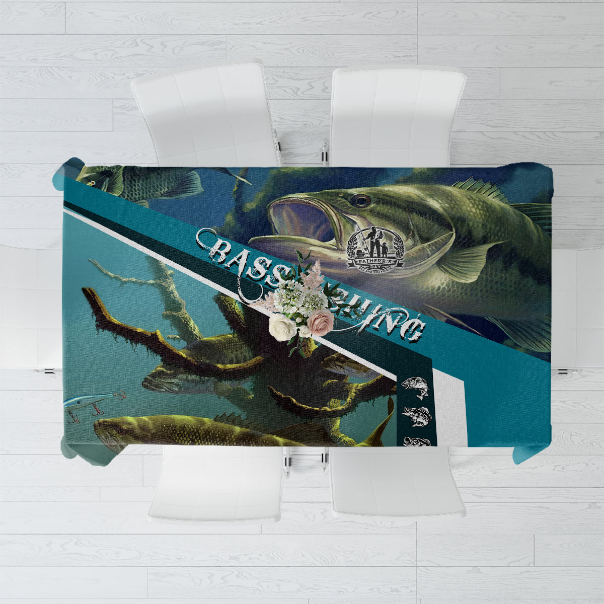 Fishing tablecloth with bass graphic, teal and dark green panels, and decorative emblem.