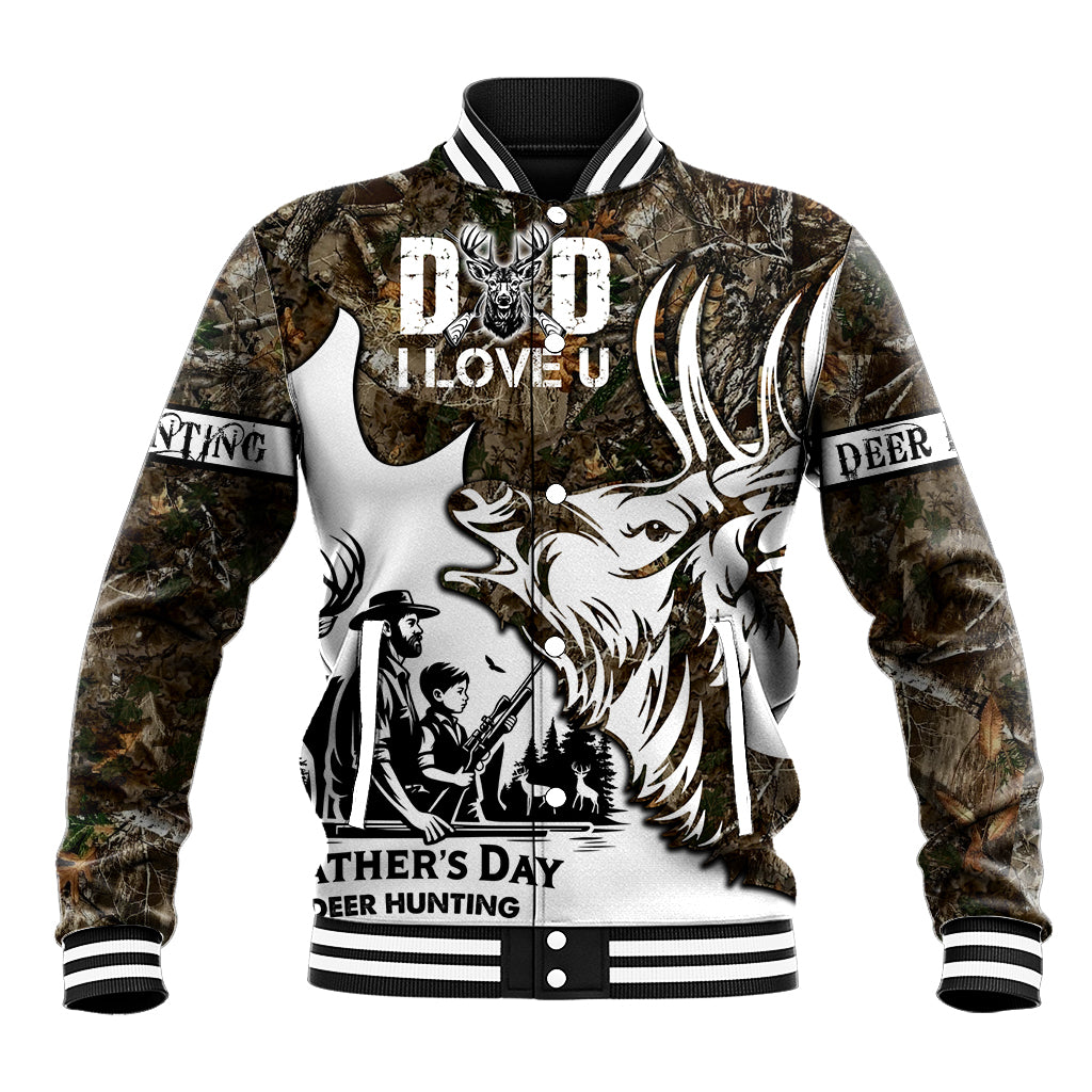 Unisex camo deer hunting baseball jacket with Dad I Love You graphic