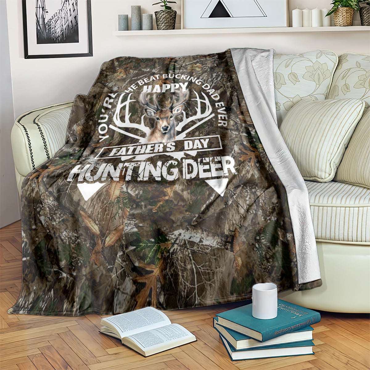 Deer hunting blanket with camo print and white buck-antler “Happy Father’s Day” text