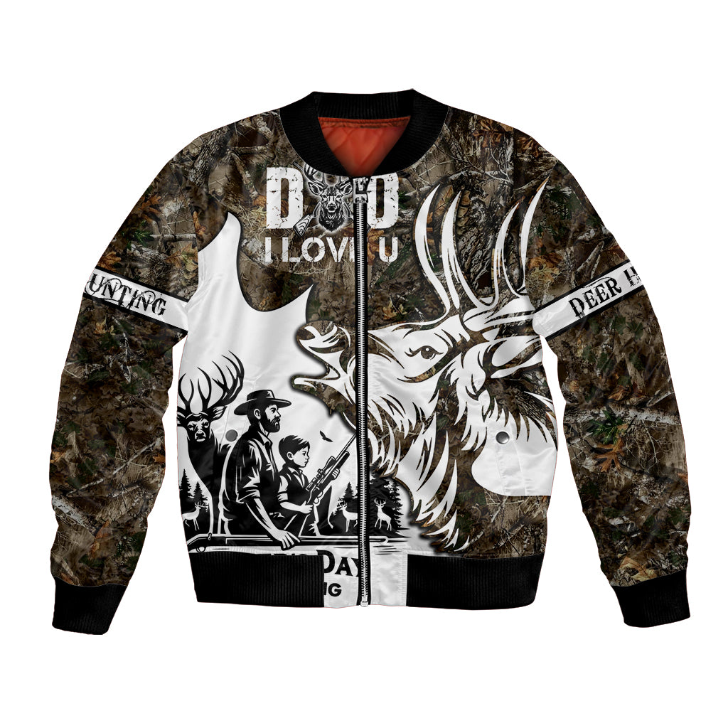 Unisex camo bomber jacket with deer-and-hunting graphic, black ribbed hem and cuffs