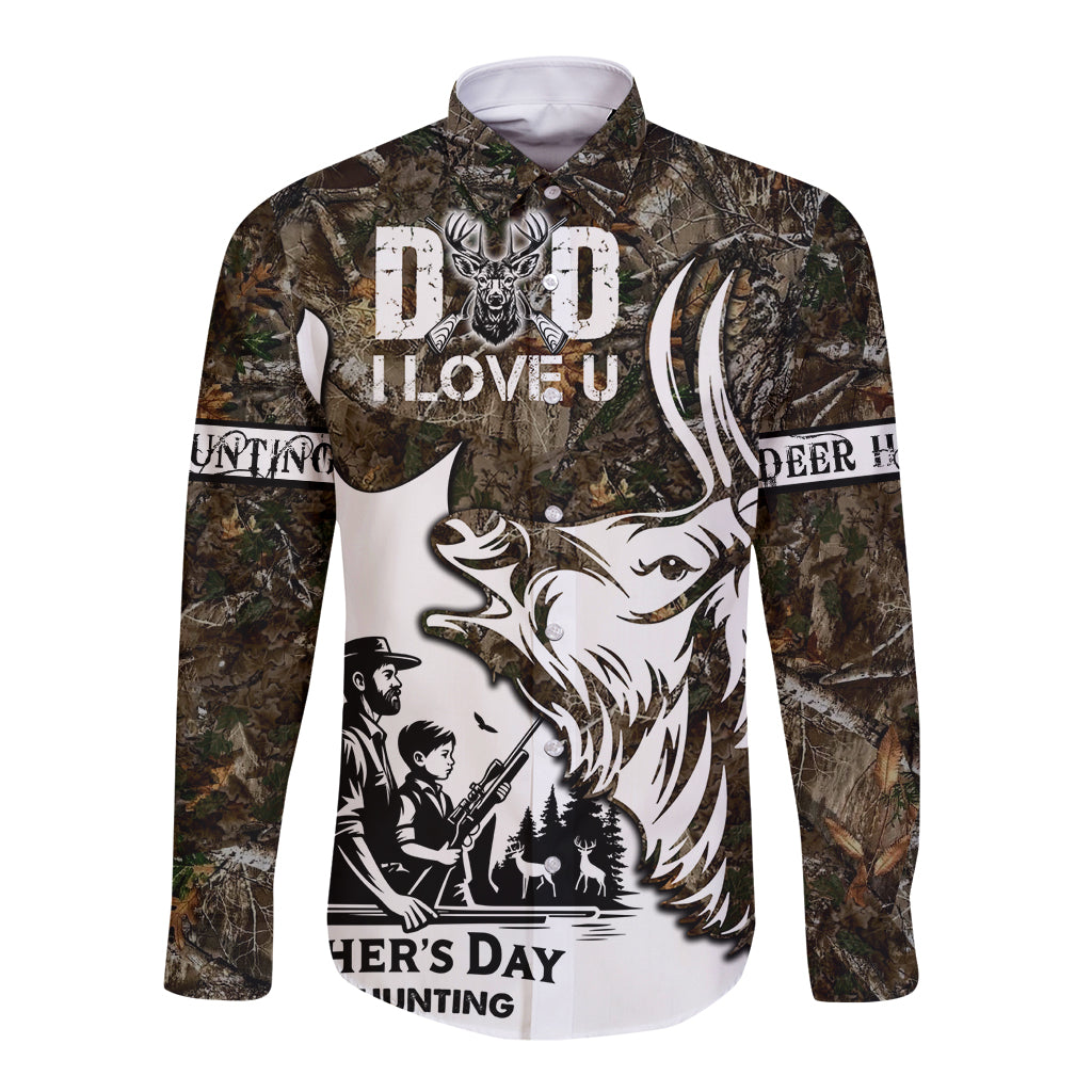 Camouflage long-sleeve button shirt with deer graphic and 'I LOVE U' text