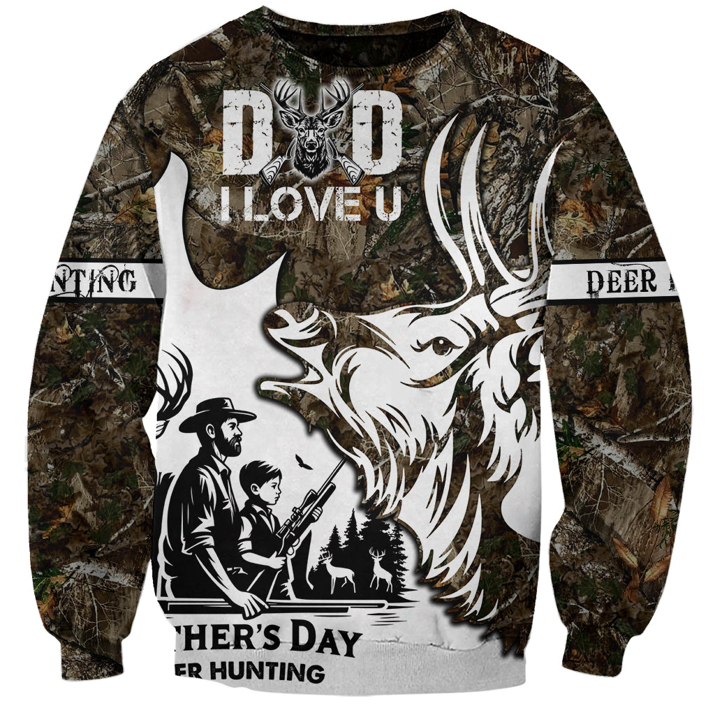 Unisex camo sweatshirt with large deer and hunter graphic, bold white text on chest