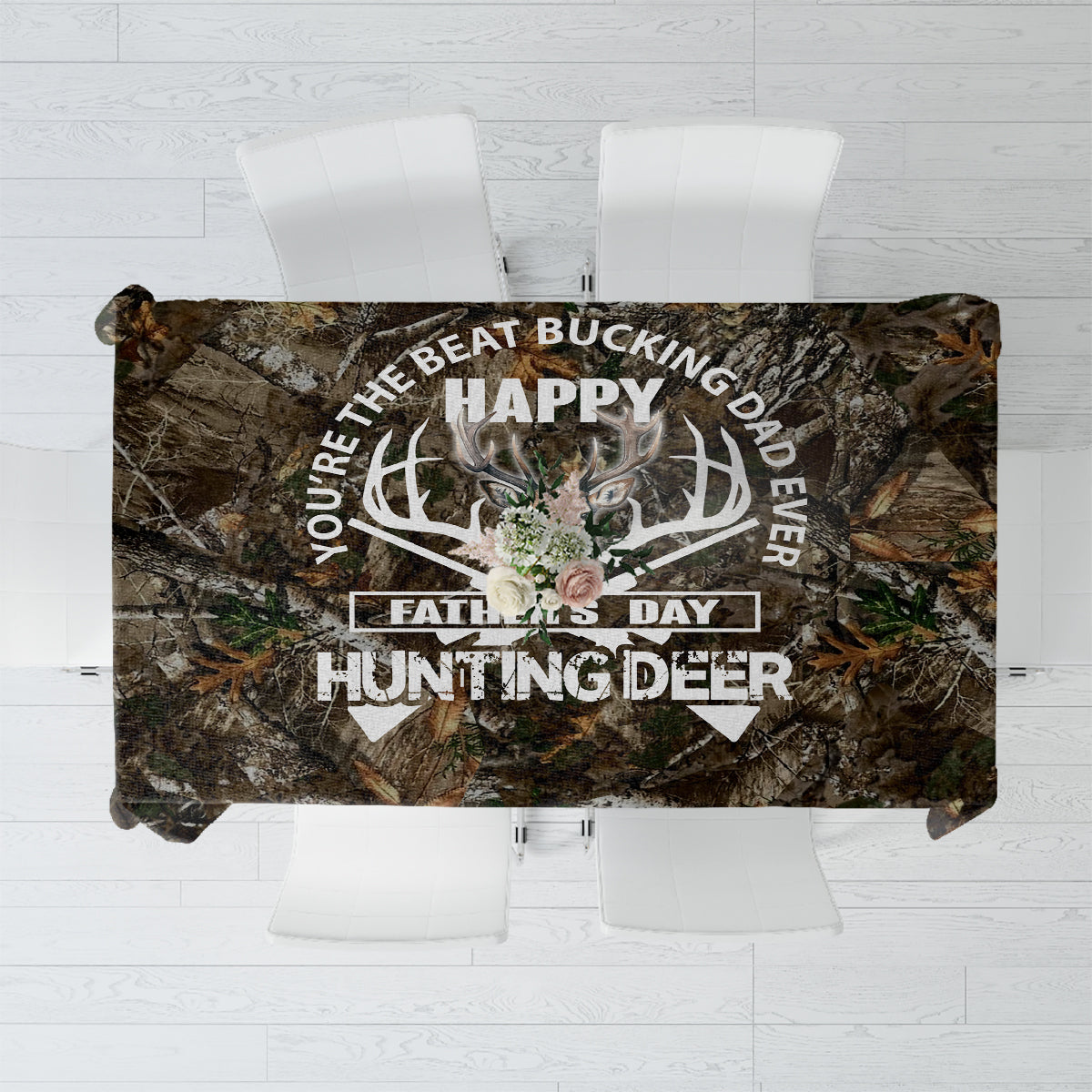 Camouflage deer hunting tablecloth with deer antlers and Happy Fathers Day text