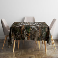 Camouflage woodland square tablecloth with deer-hunt themed print and two chairs