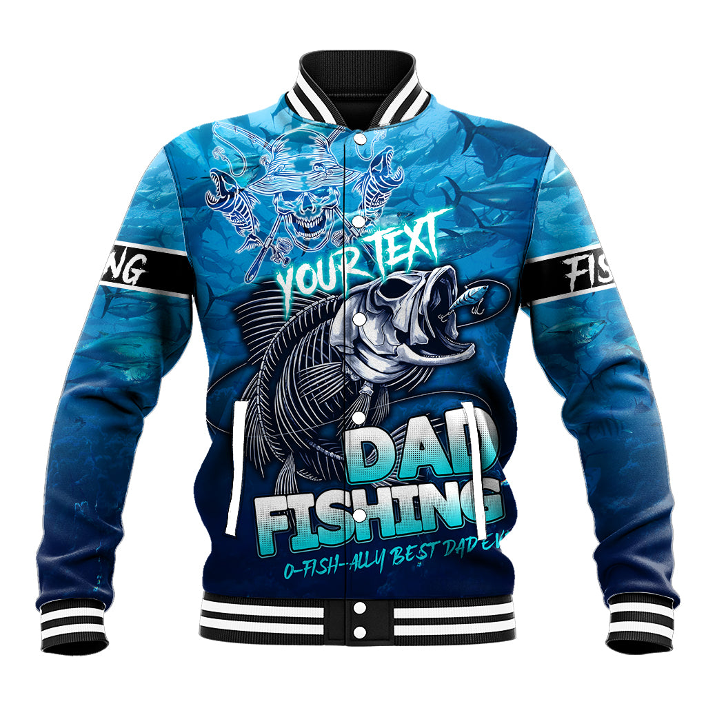 Blue baseball jacket with front graphic of fishing skull and 'DAD FISHING' text