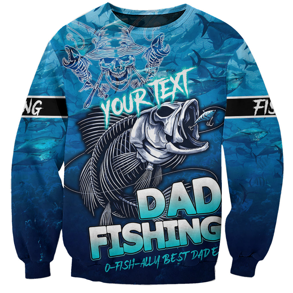 Blue sweatshirt with 'YOUR TEX' banner, fishing skull, and 'DAD FISHING' print