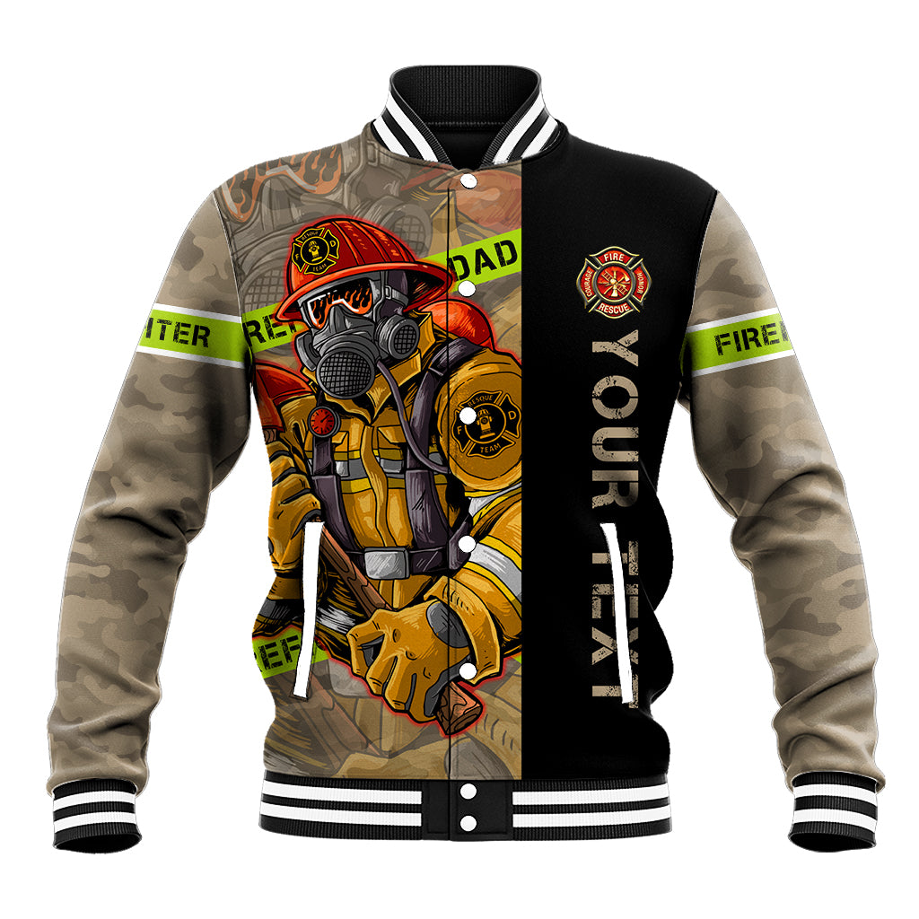 Unisex firefighter baseball jacket with front graphic, striped cuffs, black sleeves