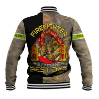 Unisex firefighter baseball jacket, back graphic with bold text, striped ribbed hem