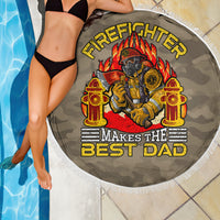 Round firefighter beach blanket with flame-themed firefighter graphic and fringe border